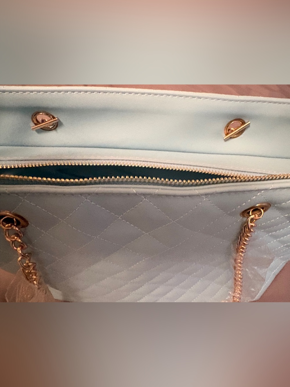Badgley Mischka Light Blue Quilted Vegan Leather Gold Chain Tote NWT - Picture 9 of 12